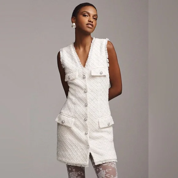 BHLDN Anthropologie Sleeveless Tweed Dress Pearl Embellished Fringed Trim NWOT - Picture 1 of 11